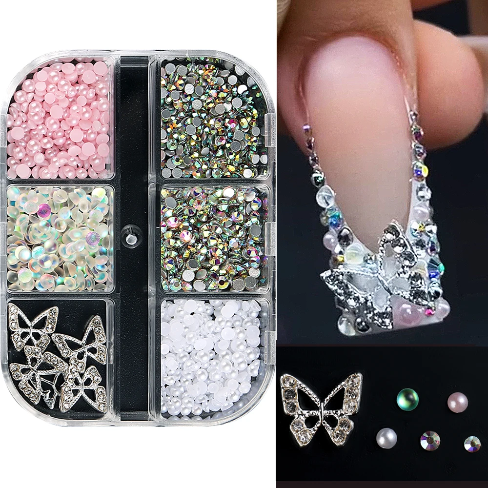

6 Grids Butterfly Nail Charms Decorations Kit Pink White Pearl Mixed AB Diamond Caviar Beads 3D Manicure Accessories LEB6G-RHZ1