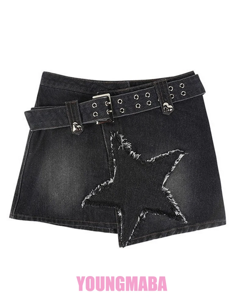 

Spice Girl vintage Star Embroidery Denim Short Skirts Female 2023 Summer New High Waist Slim Package Hip A-line Skirts women y2k