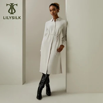 LILYSILK Abito da donna con cravatta in corda, drappeggiato, abito da donna in crêpe de Chine di seta pesante con abbottonatura nascosta e spacco laterale 1
