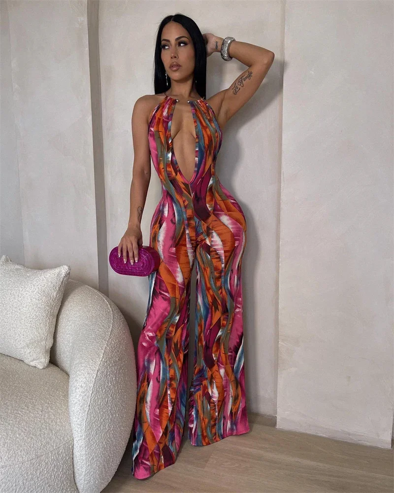 thumbnail image 1 of Mono sexy con escote en V profundo estampado para mujer, elegante, con cuello halter, espalda descubierta, sin mangas, trajes de fiesta, monos de una pieza con pierna ancha, estilo bohemio, 1 of 5