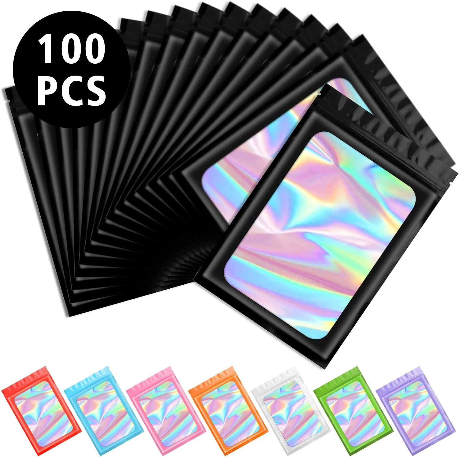 100 - 200pcs bolsas de película de poliéster personalizadas impresión de logotipo puede volver a sellar pendientes, anillo de joyería almacenamiento de papel de aluminio holográfico embalaje sellado