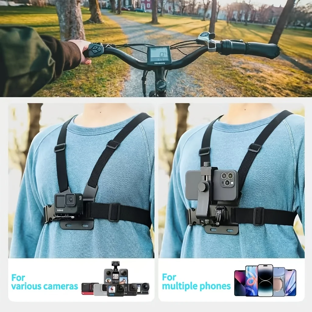 조절 가능한 헤드밴드와 가슴밴드가 있는 모바일폰 및 액션캠용 촬영 스탠드, GoPro, DJI 등과 호환 가능