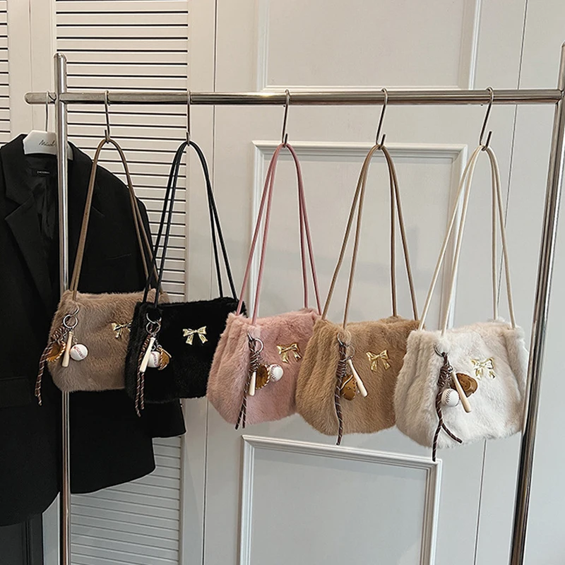 Baseball Pendant Tote Bag Solid Color Ladies Bag Stylish Bow Decor Shoulder Bag Versatile Plush Bag for Women