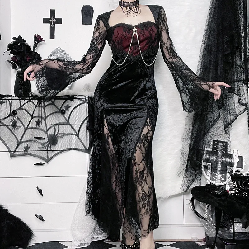 Goth Dark Elegant Mall Gothic Women Evening Dresses Grunge Aesthetic E-girl  Velvet Midi Dress Lace Splice Sexy Split Alt Outfits - AliExpress 200000345