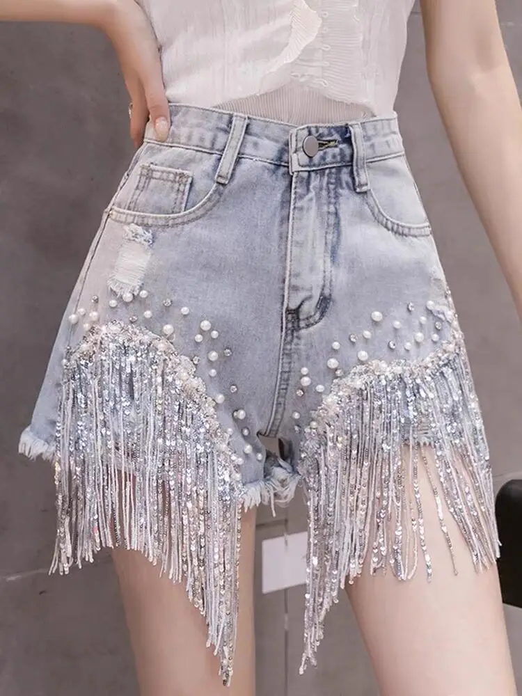 Y2K Chic Tassel Denim Shorts Ripped Distressed Jeans Women Summer Fashion Streetwear Night Club Bar Dance Party Korea Shorts