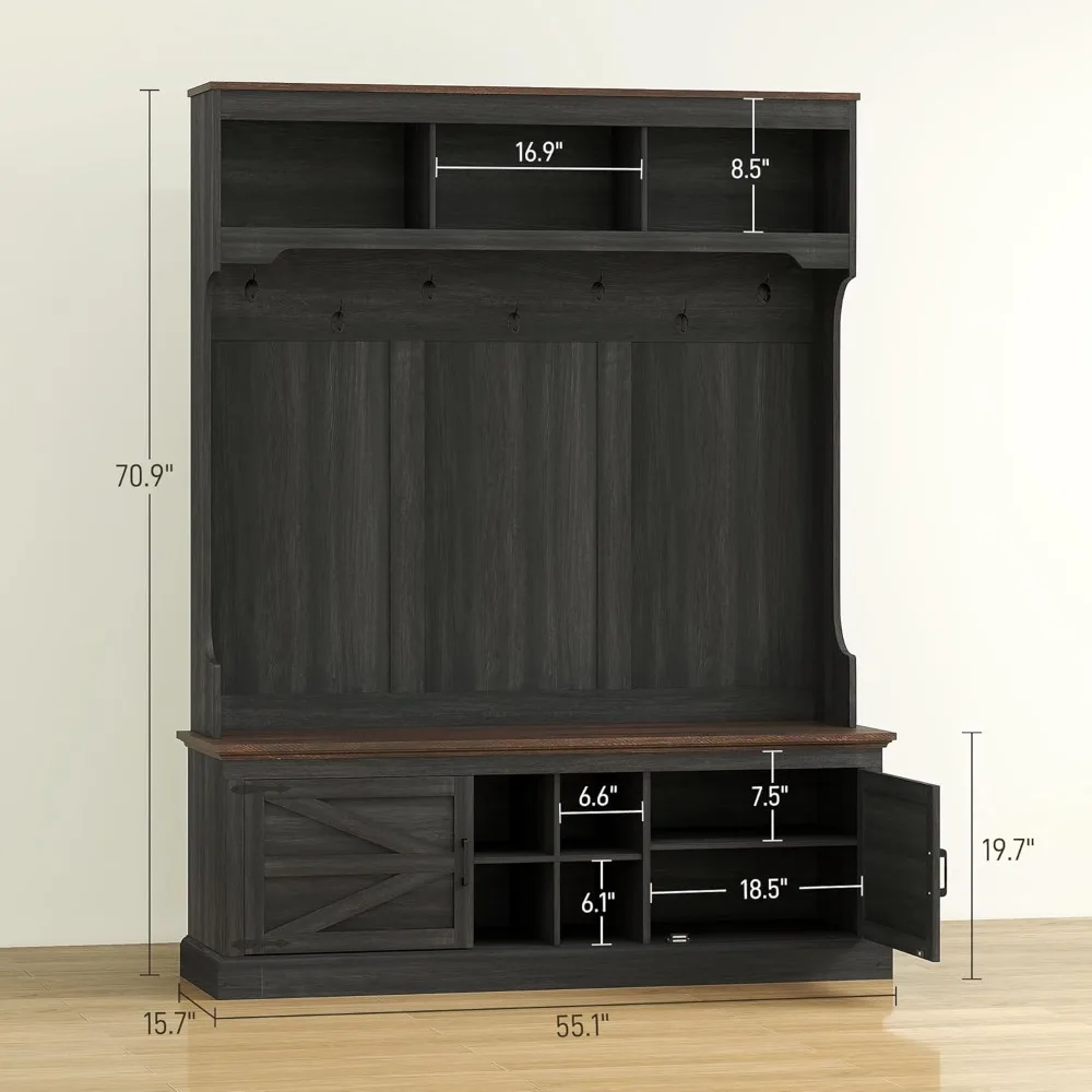 3-in-1 hall tree with storage, farmhouse coat rack with bench, standing shoe rack with seven hooks for entryway, black wood gra