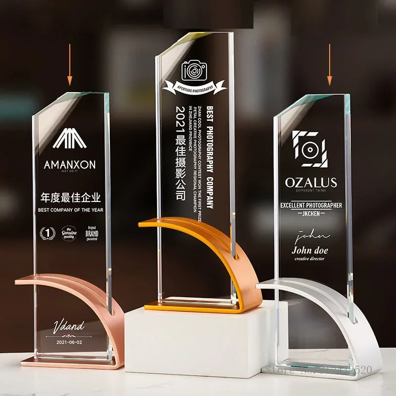 Custom Personalized Metal Geometric Shape Base Crystal Trophy, Electroplating Gold, Creative Event, Souvenir Home Decoration 1pc