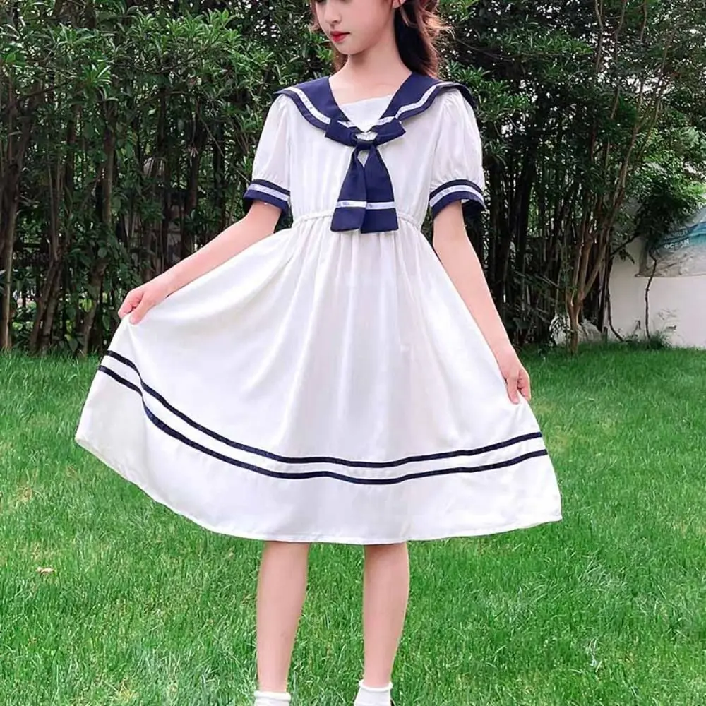Sweet Bow Girls Preppy Style Dress Teenagers Party Summer Kids Dresses Beach Vacation Pleated Children Princess Dress Holiday