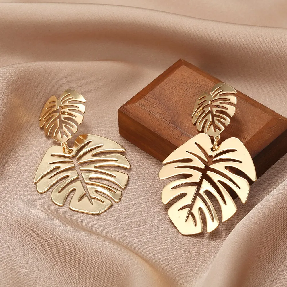Bohemian Hollow Exaggerated Leaf Dangle Earrings Drop Earrings Long Earrings Golden Earrings For Women Lady Geometric Tropical Plant Jewelry Gifts
