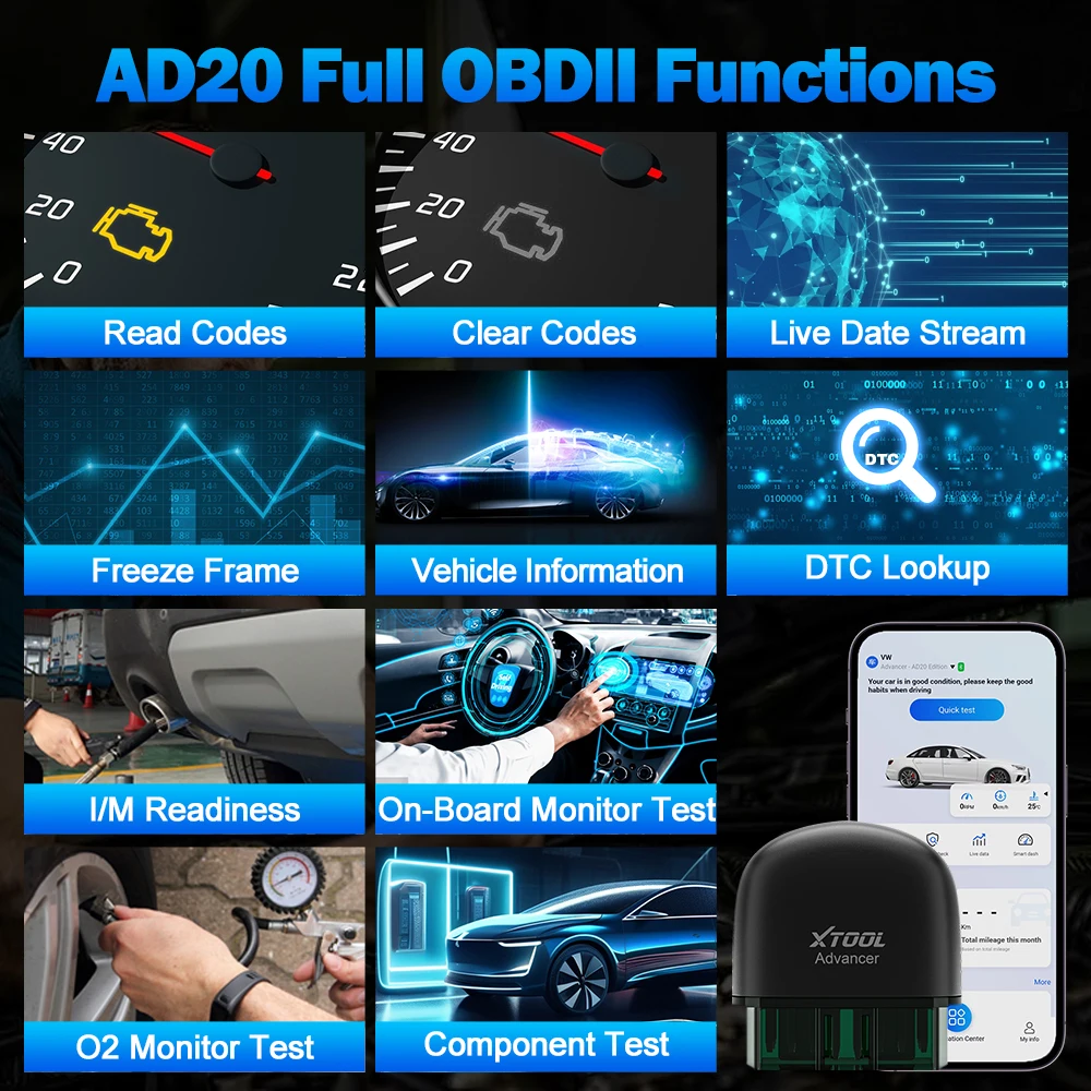 XTOOL AD20 Bluetooth OBD2 Scanner For Engine System Diagnostic Code Reader HUD Display Perfromance Test Lifetime Free Update 3