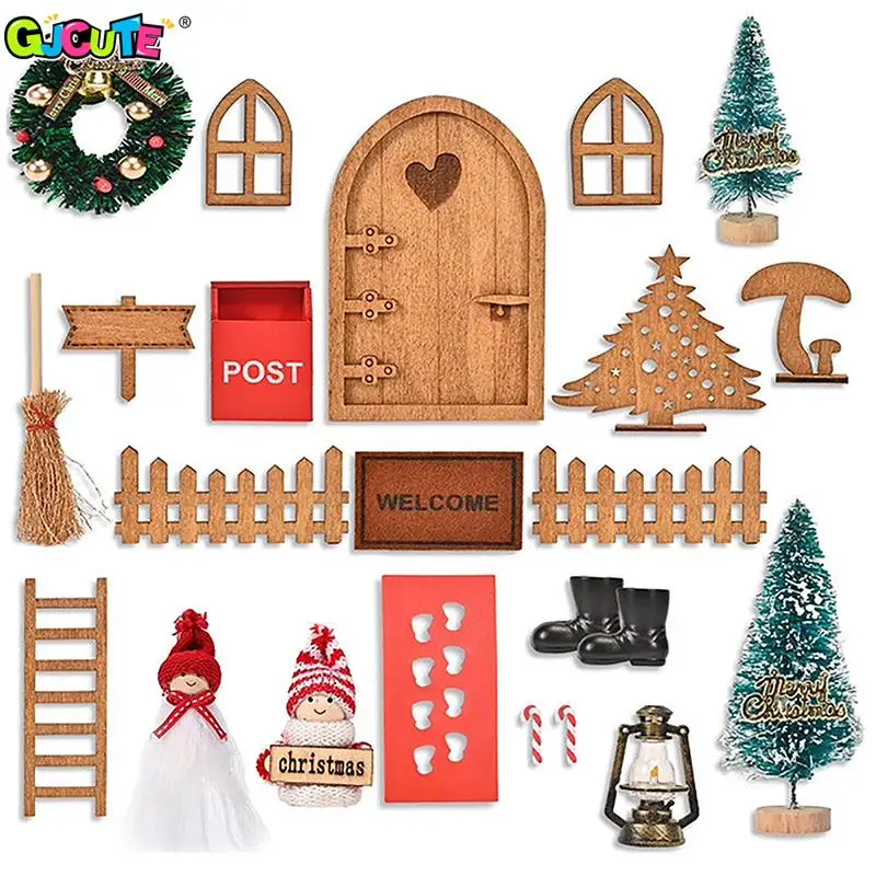 

1Set 1:12 Dollhouse Miniature Christmas Decor Fairy Door Elf Doll Fence Xmas Tree Kerosene Lamp Model Doll House Accessories