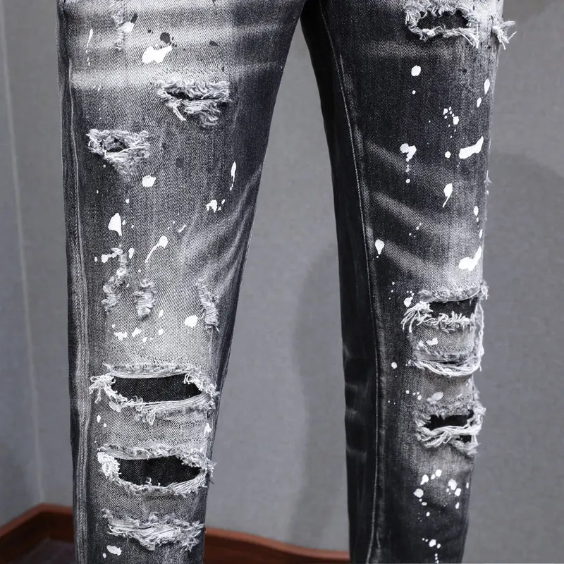 Street Fashion Men Jeans Retro Black Gray Stretch Slim Fit Ripped Jeans Men High Quality Painted Designer Hip Hop Brand Pants