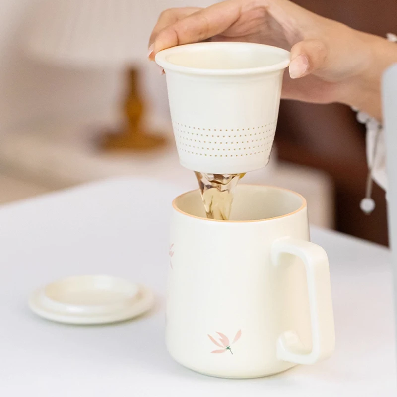 Chinese Style Ceramic Mugs, Home Personal Office Creative Teacup With Cover, Filtered Tea Water Separation, Tea Cups, 400ml, 1Pc