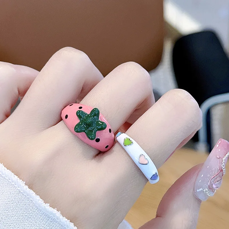 Pink Strawberry Colorful Enamel Drop Glaze Index Finger Open Ring For Women  Aesthetic Elegant Romantic Fashion Charm Accessories