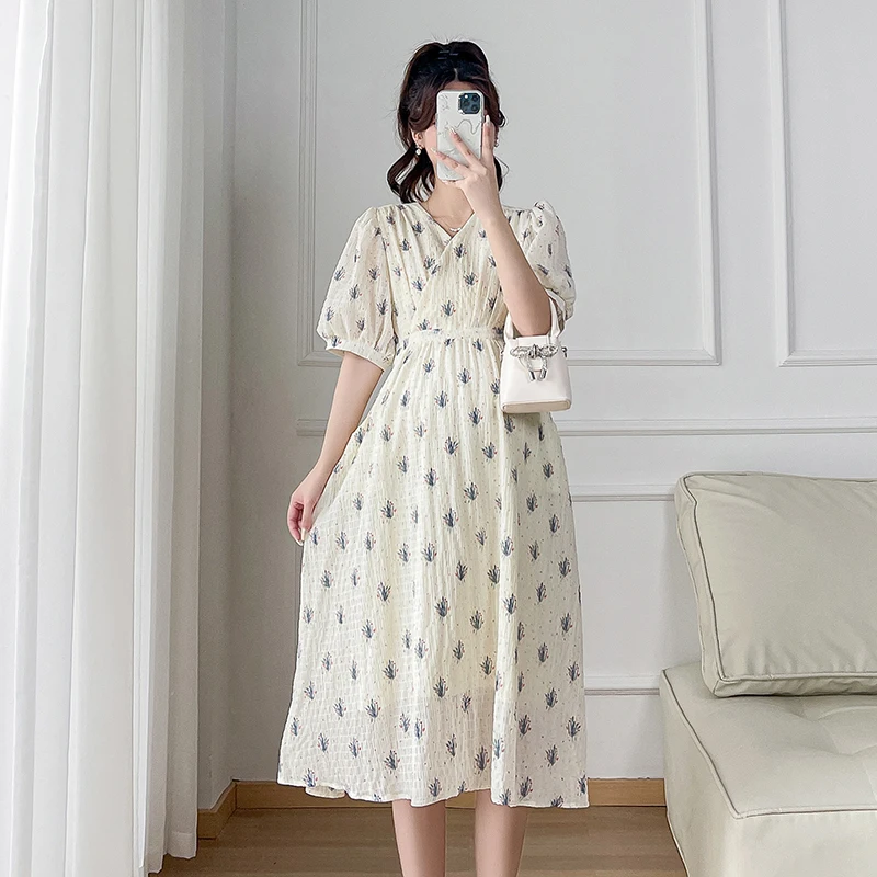 

Fashion Oversized Maternity Summer Dress Puff Sleeve Cross V-Neck Pregnant Woman Floral Dress High Waist Pregnancy Pleated Dress