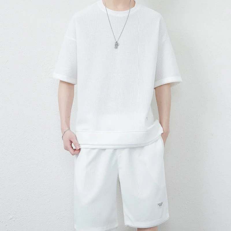 Waffle Casual Set for Men's 2023 Summer New Arrival Trend Fashion Slim Fitting Design Sports Short Sleeved Shorts Two-piece Sets