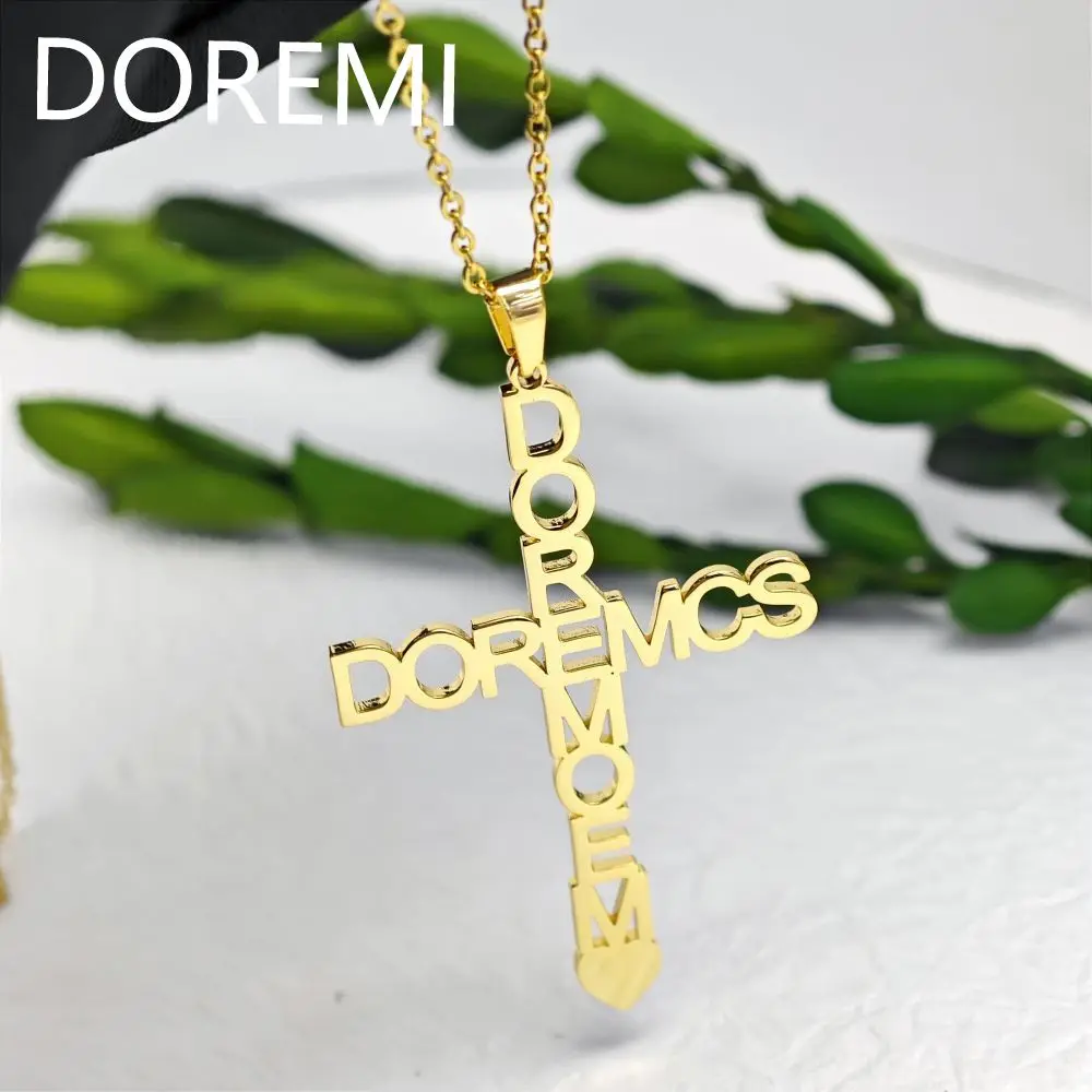 DOREMI Name Letter Cross Necklace Personalized Name Year Chain Necklace Stainless Steel Waterproof Cross Double Names Necklace