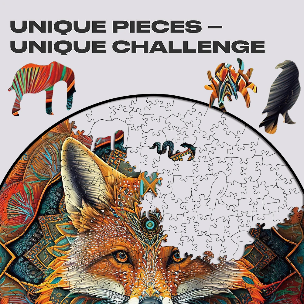 Wooden Puzzle Mandala Fox Ethnic Wooden Jigsaw Puzzle Unique Animal Shaped Pieces Charming Fox Puzzle Best Gift For Adults, Kids 3