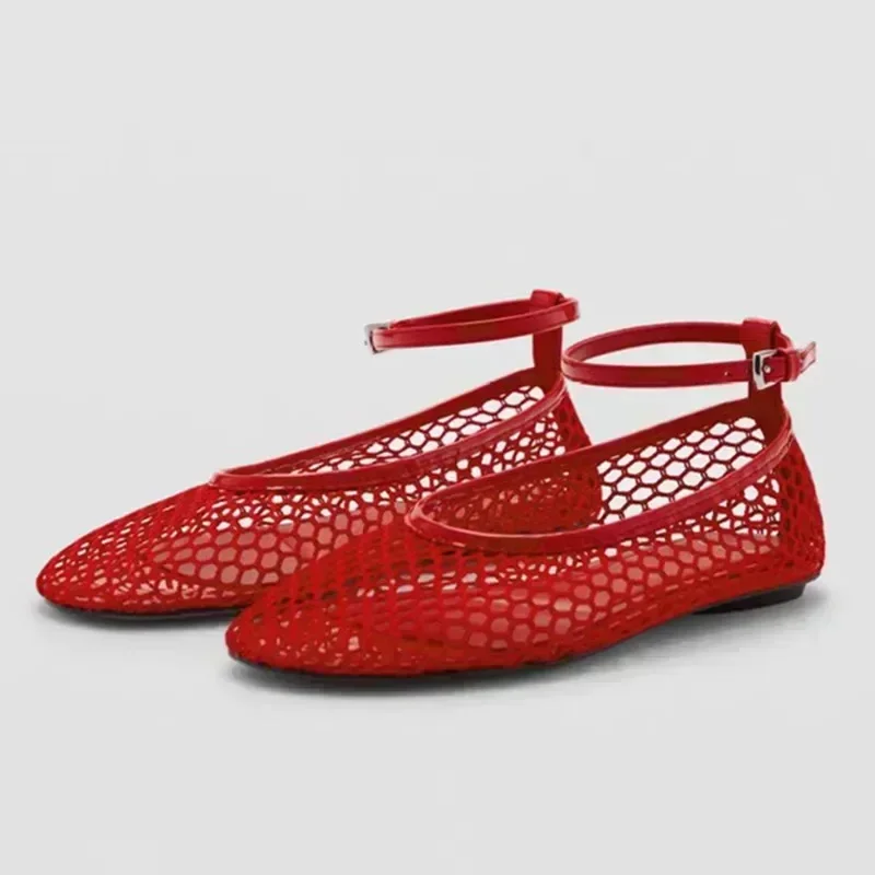 Fashion Hollow Design Mesh Breathable Women's Flats Sexy T-Strap Belt Buckle Ballet Shoe Non-Slip Soft Sole Cozy Shoes for Women women shoes women flats