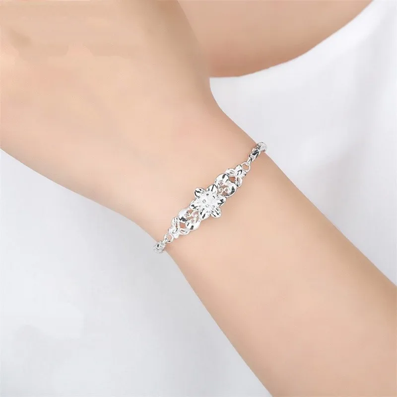 

925 Sterling Silver Bracelet Exquisite Flower Chain Fine Jewelry Wedding Party Ladies Gift Women's Bracelet