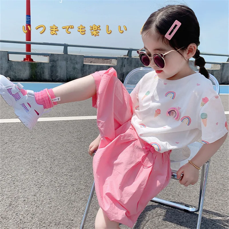 

Girls' Short SleeveTT-shirt Suit Summer Internet Celebrity Children Fashionable Children's Clothing Harem Pants Casual Two-Piece