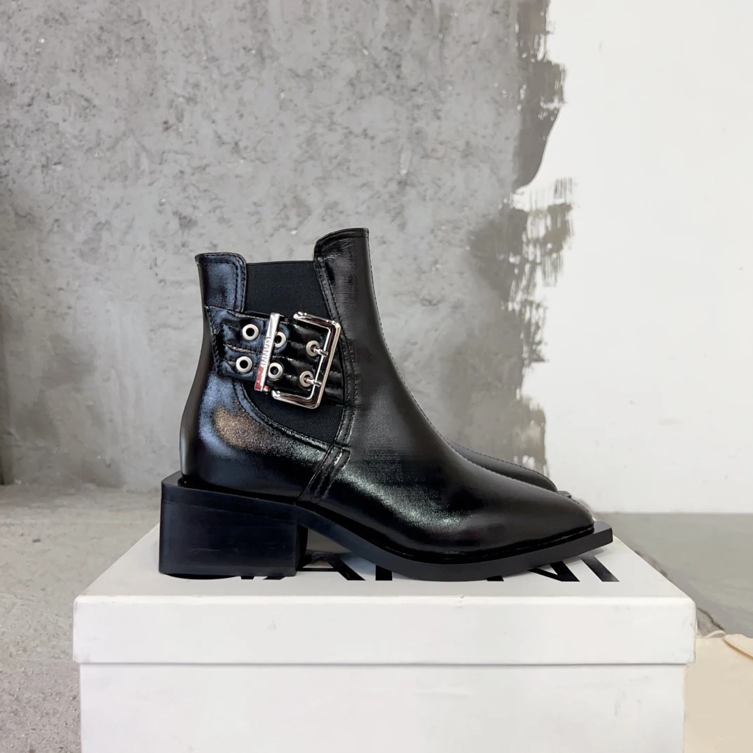 

Designer Shoes For Women Luxury Brand 2023 Punk Pointed Toes Ankle Boots Black Chunky Buckle Open Cut Block Heels