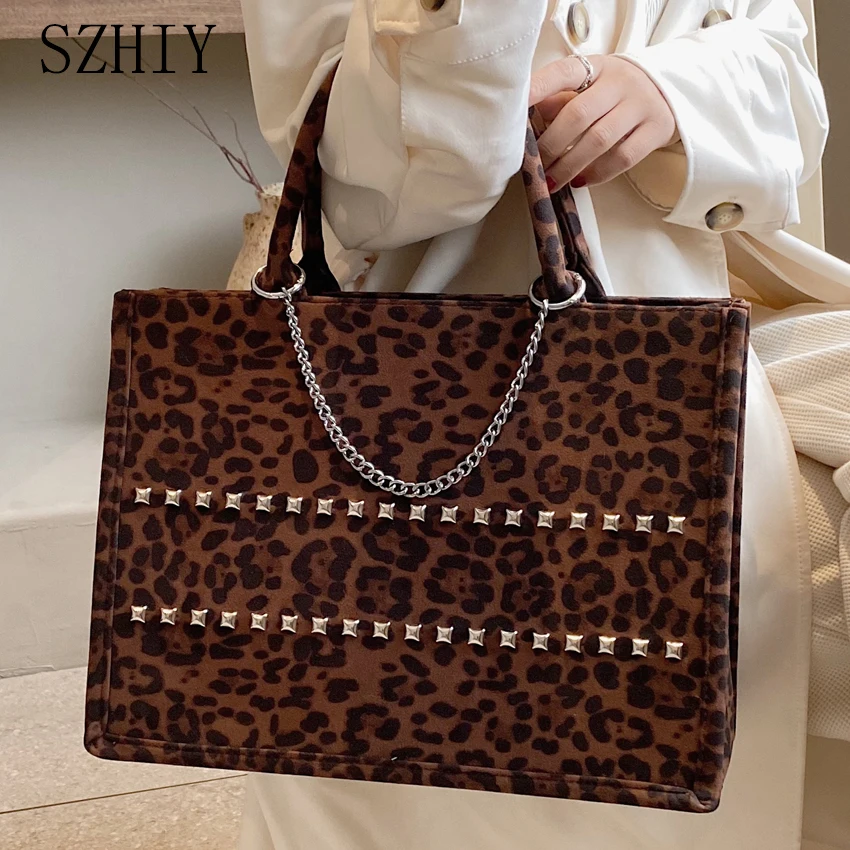 

Leopard Tote Fashion Designer One Shoulder Bag Luxury New Rivet Chain Carrying Bag Travel Handbag Large Capacity Shopping Pocket