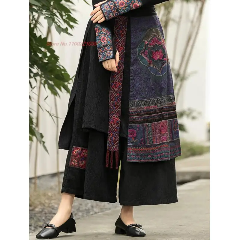 2024 ethnic harajuku women embroidery pants skirts chinese style vintage wide leg skirt pants cotton linen tassel patchwork