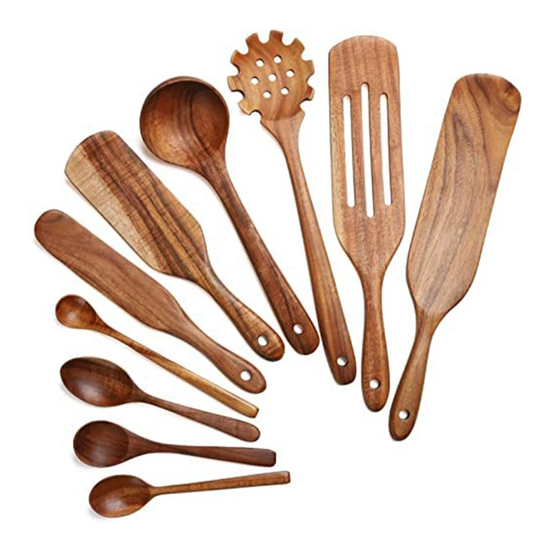 Stirring Serving Heat Resistance Non Stick Wood Cookware Mixing Wooden Spurtle Kitchen Utensils Set 5 Pcs Natural Teak Spurtle Kitchen Tools Slotted Wooden Spatula Sets For Cooking 