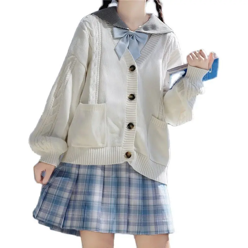 JK cardigan sweater women's long sleeved jacket milk white sweater top JK jacket loose college style sweet girl 6
