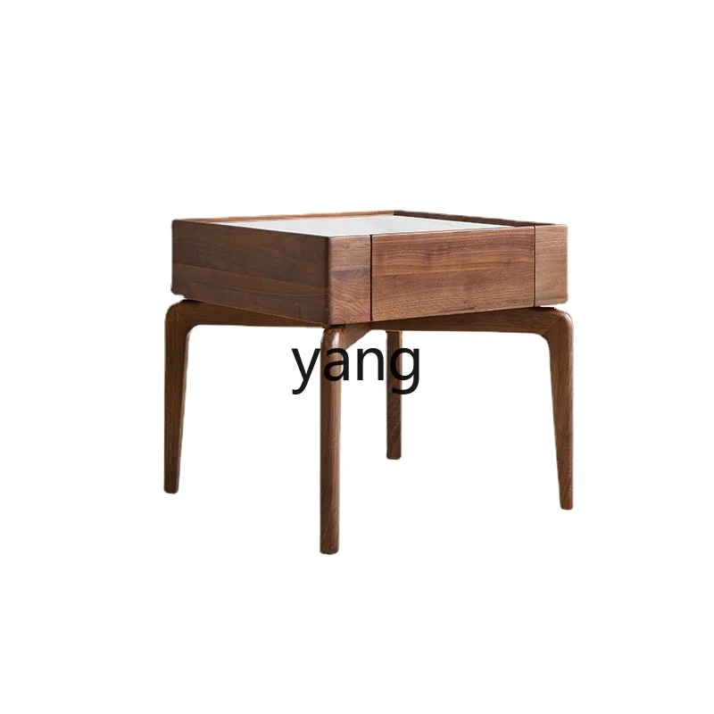 

Yjq Black Walnut Stone Plate Side Table Simple Solid Wood Sofa Home Mobile Side Table Small Table