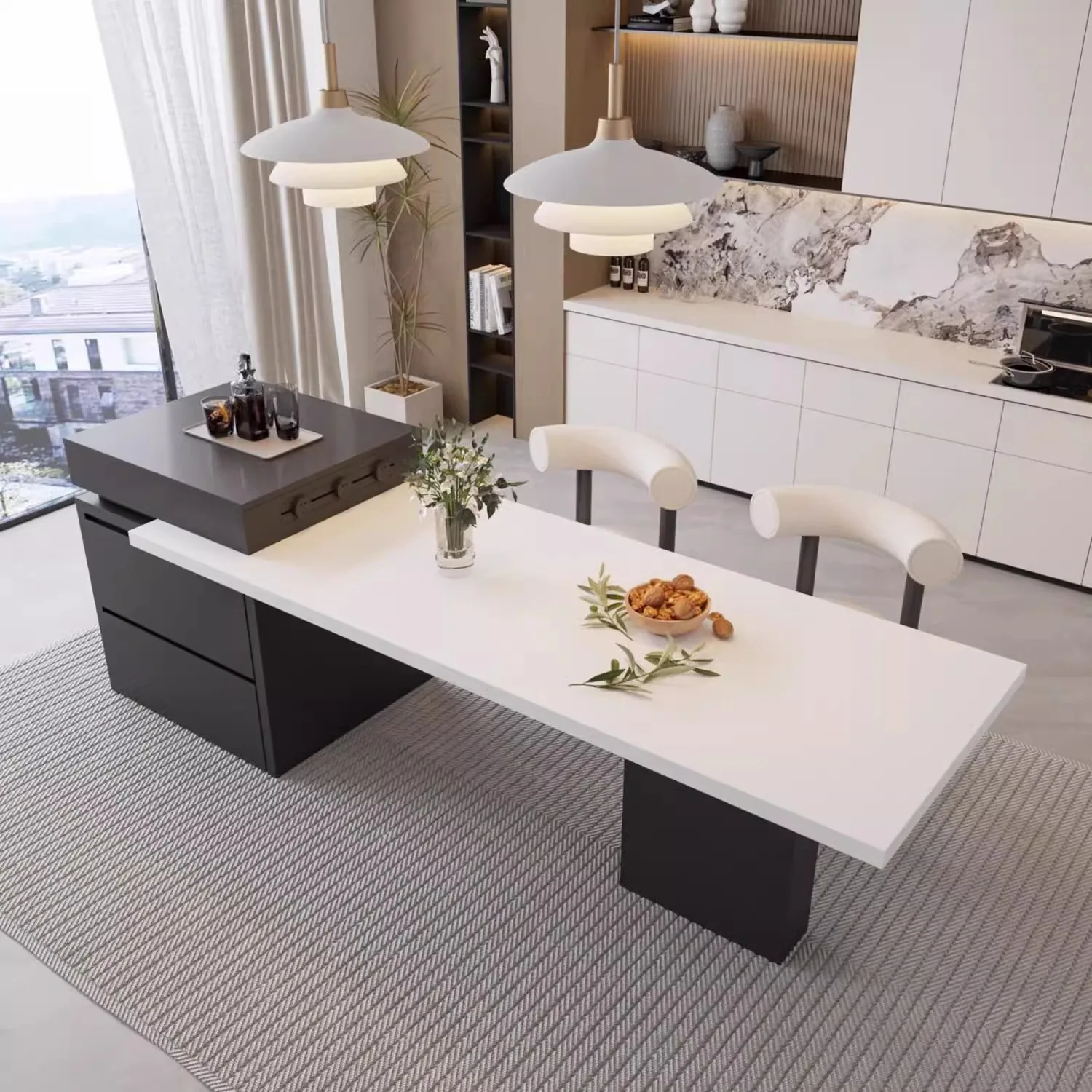 Retractable rock slab island dining table integrated household small mid-island kitchen multi-functional Italian minimalist guid