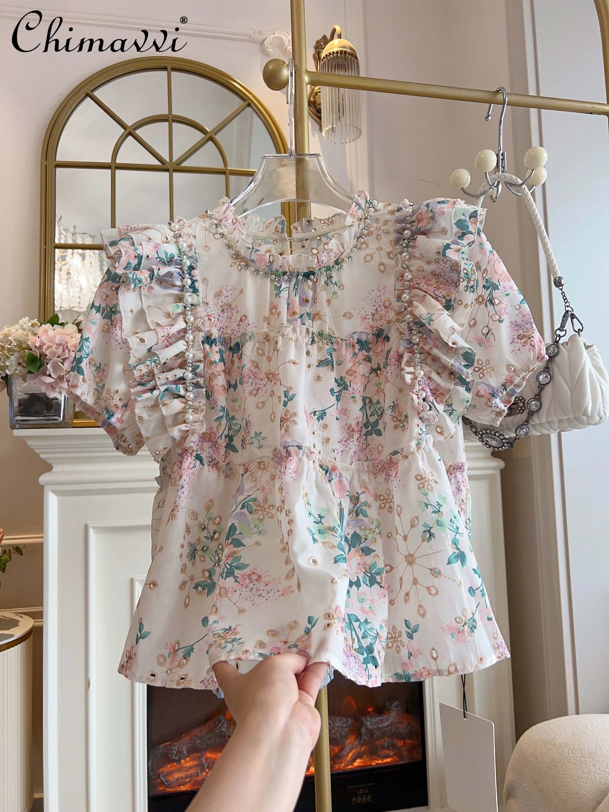 

Floral Doll Shirt for Women 2024 Summer Clothes New Heavy Industry Diamond Ruffled Loose All-Match Chiffon Blouse Elegant Tops