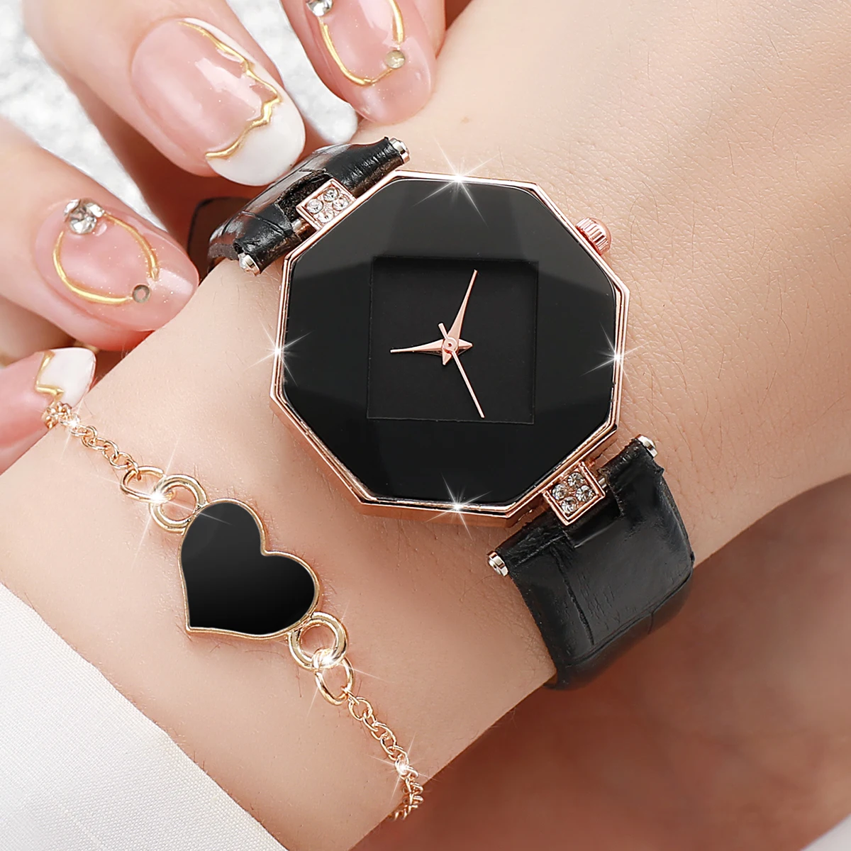 Womens Watch 5PCS/Set Fashion Leather Band Analog Quartz Heart Jewelry Set(Without Box)