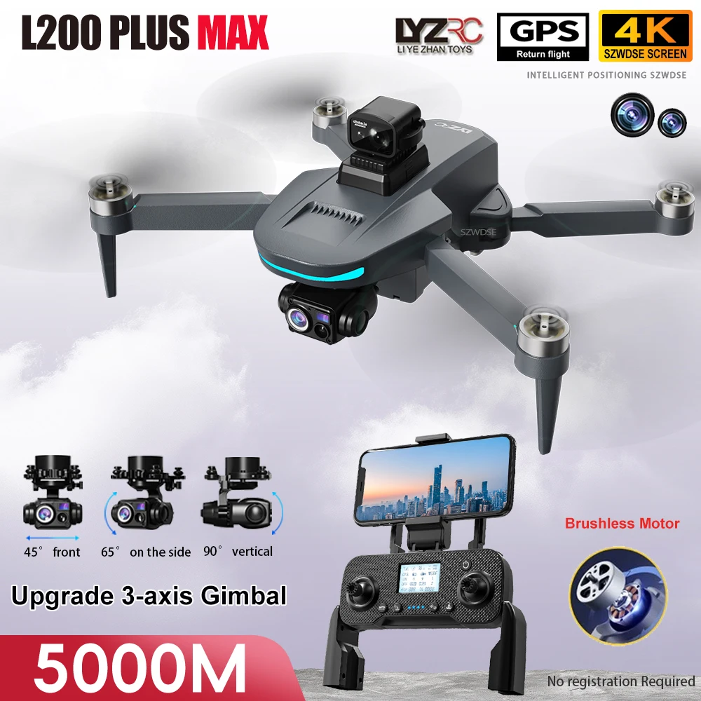 Drone L200 Plus Max 4K avec caméra HD et nacelle 3 axes en vol stationnaire au-dessus d'un paysage verdoyant.