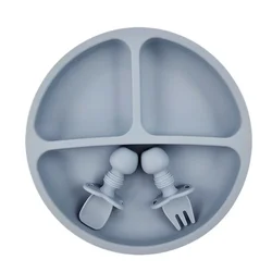 BPA-Free Silicone Suction Dining Set for Children - Includes Smiley Face Plate, Spoon, Fork, and Bib (Blue 3pcs set)