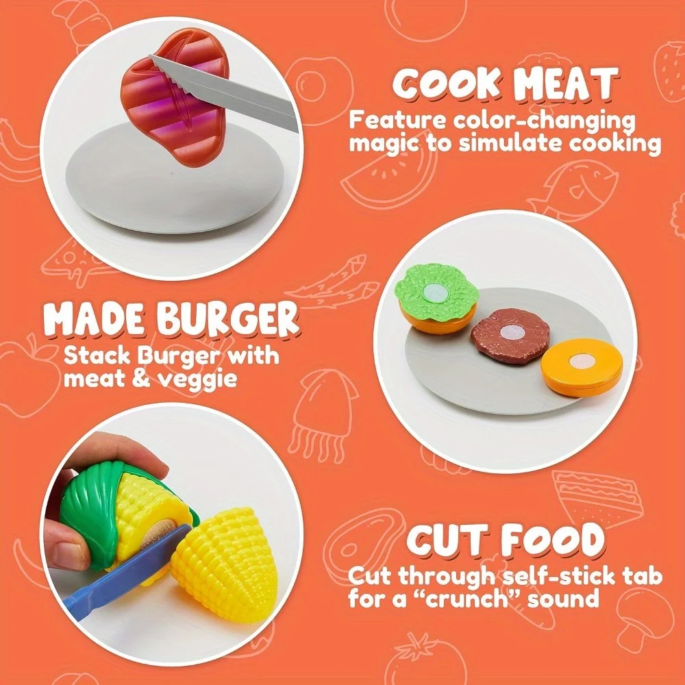 JOYFY Kids BBQ Grill Playset Kitchen Toy Set with Pretend Smoke Light Color-Changing Food for Boys Girls Kids Birthday Gift