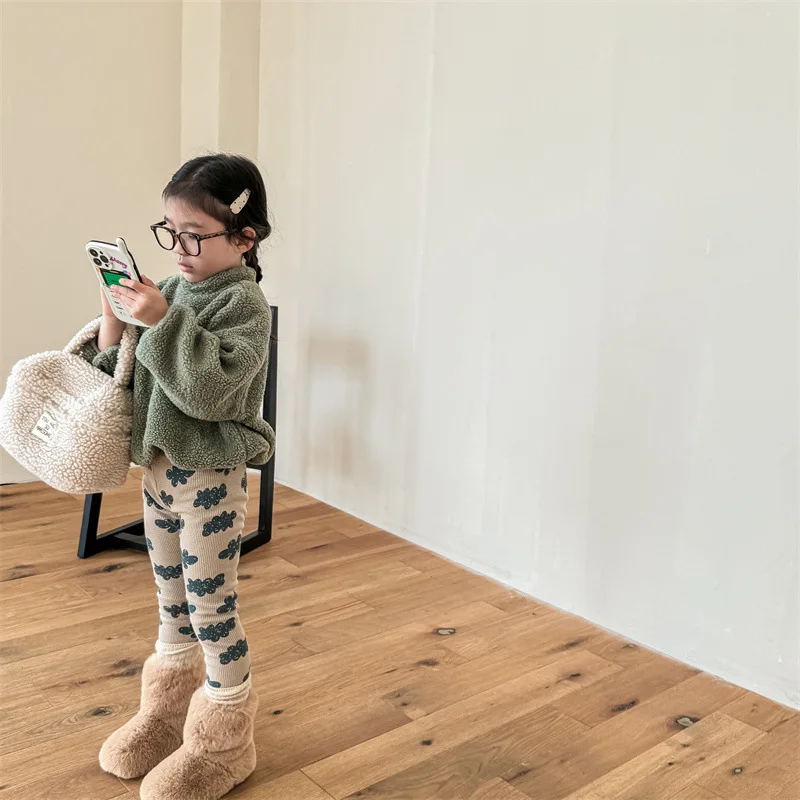 Kids Leggings   Warm Thick Waffle Fleece Pants Kids Cartoon Casual Trousers Plus Velvet Children Clothes in beige with green cartoon pattern print Winter Spring Baby Toddler Girls Children’s fashion season