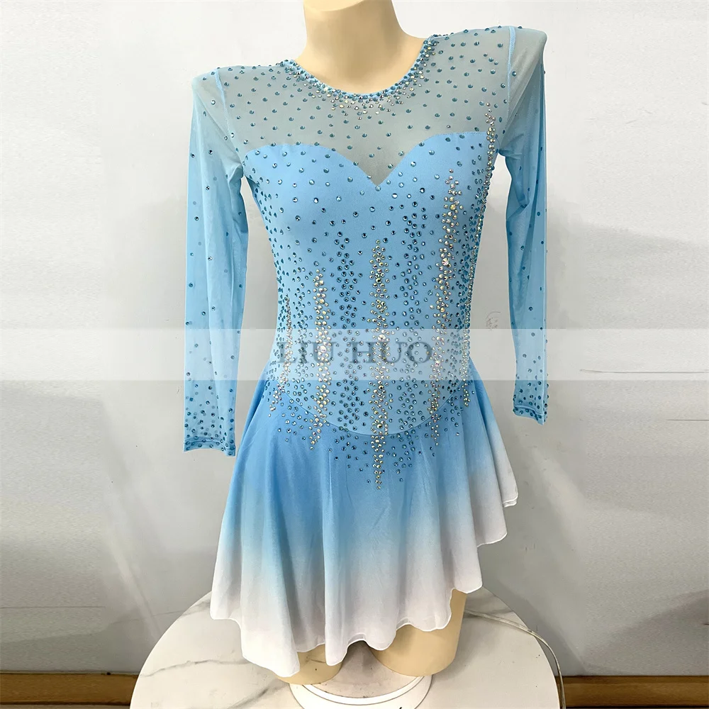 

Платье для катания на коньках LIUHUO, цвет голубой, с коротким рукавом и градиентом, для взрослых и девушек, индивидуальный костюм для выступлений, подростков