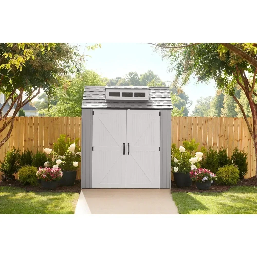 Resin Outdoor Storage Shed With Floor (7 x 7 Ft), Weather Resistant, Gray, Organization for Home/Backyard/Garden Tools 4