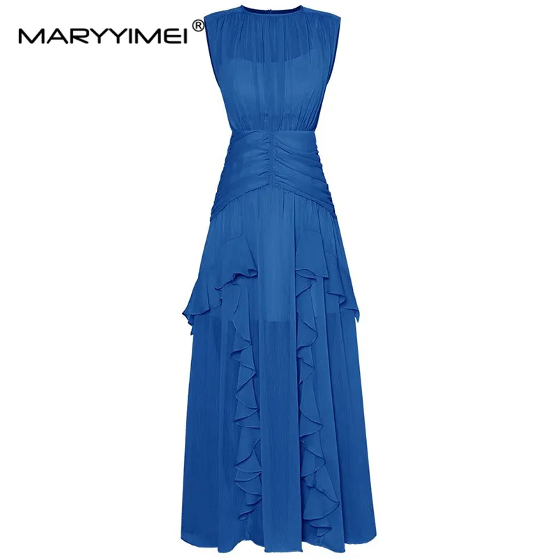 

MARYYIMEI Designer Summer Women's Fashion dress Sleeveless Ruched Waist up ruffles Elegant Holiday Party Dresses