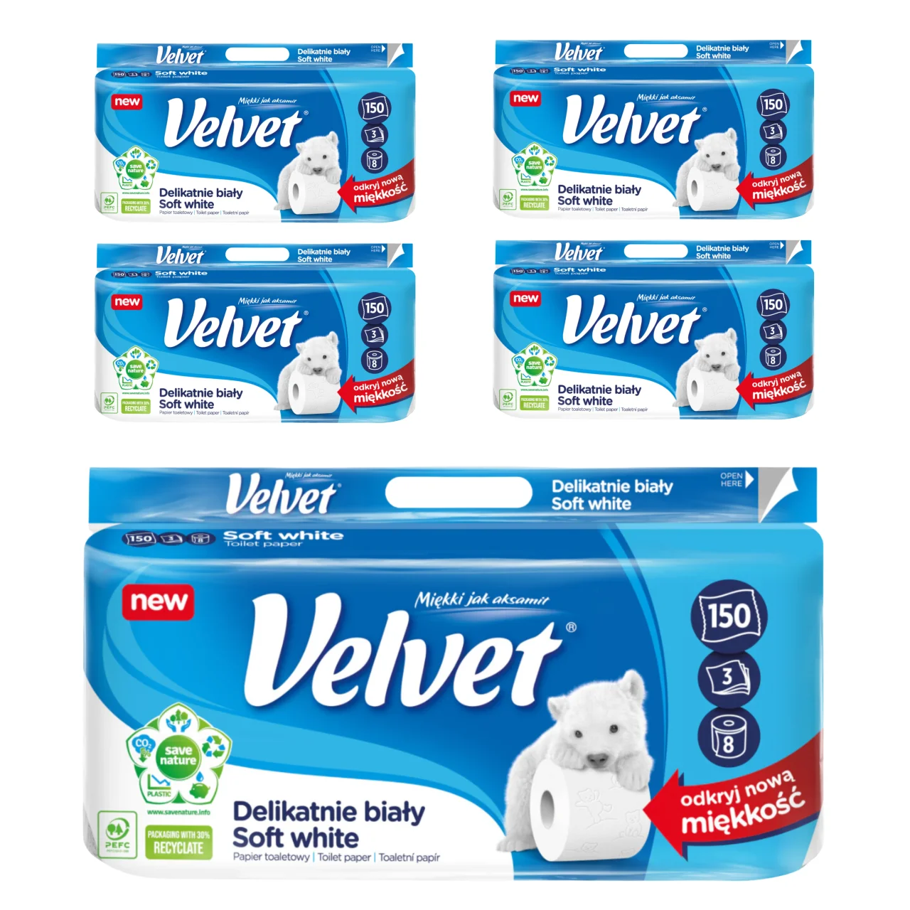 Papier toaletowy Velvet, biały, 3-warstwowy, komfortowy – zestaw x5 (łącznie 40 rolek) z Polski za $13.25 / ~49zł