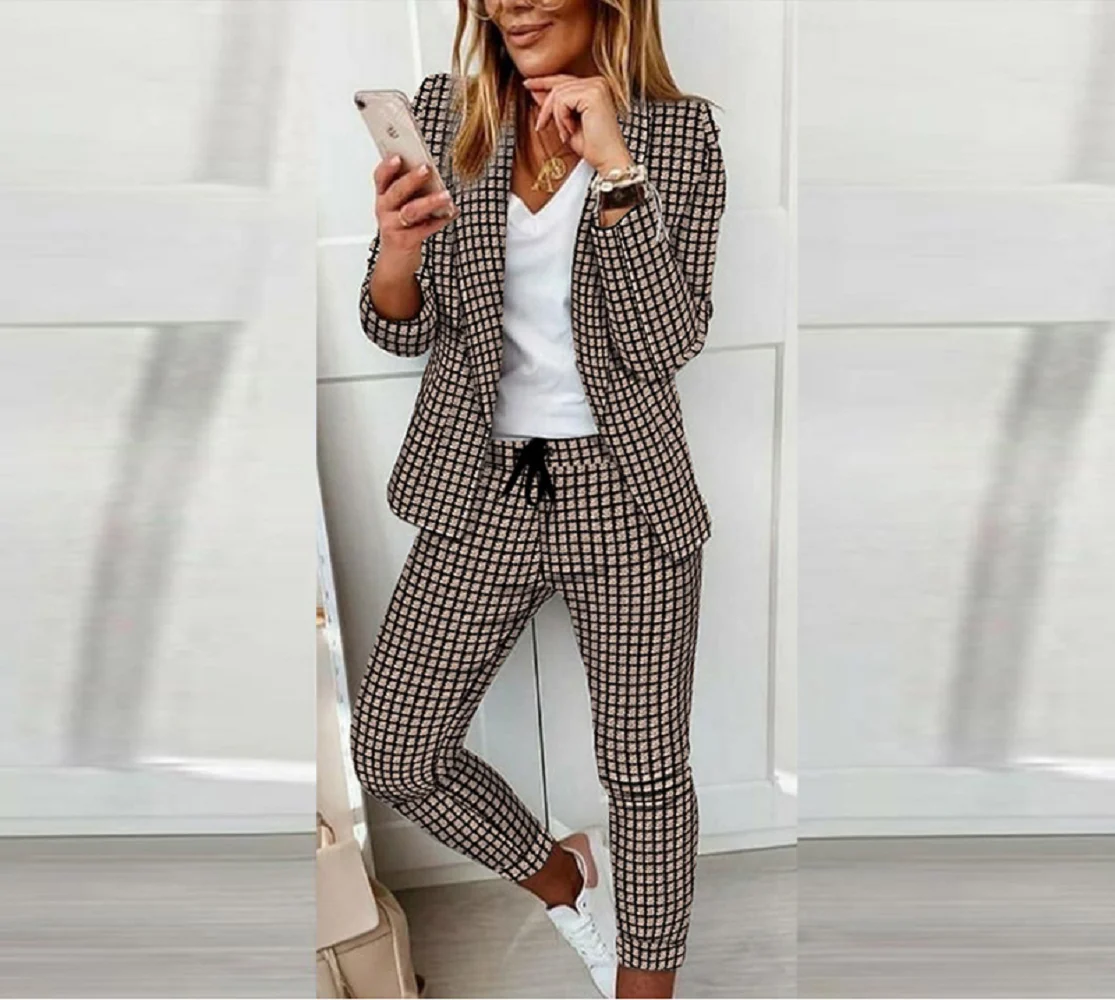 Female Business Suit Women's Long Sleeve Cardigan Turn-down Collar Coat Lace-up Mid Waist Pencil Pants Plaid Print