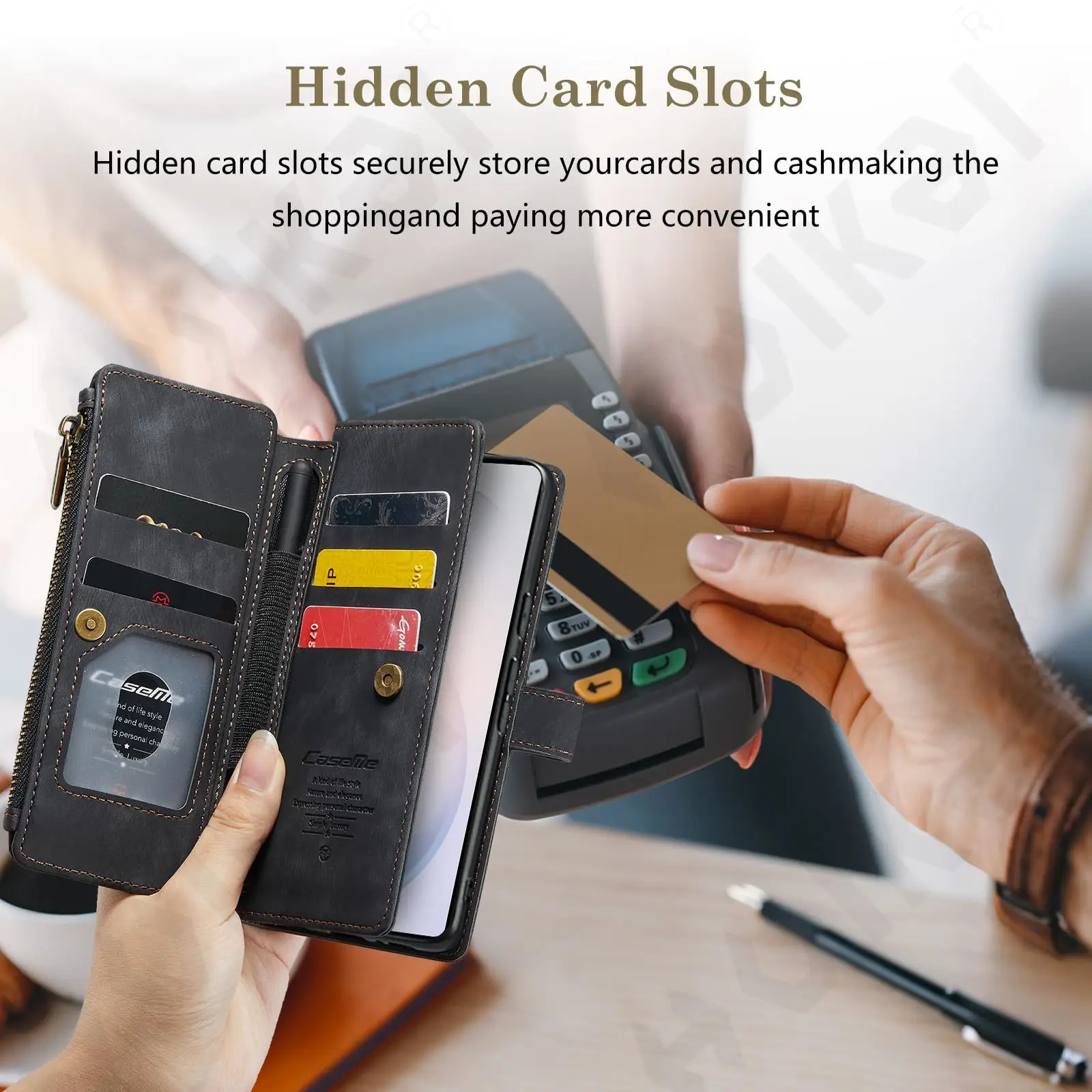 Premium Faux Leather Flip Case with RFID Protection and Magnetic Card Holder Stand