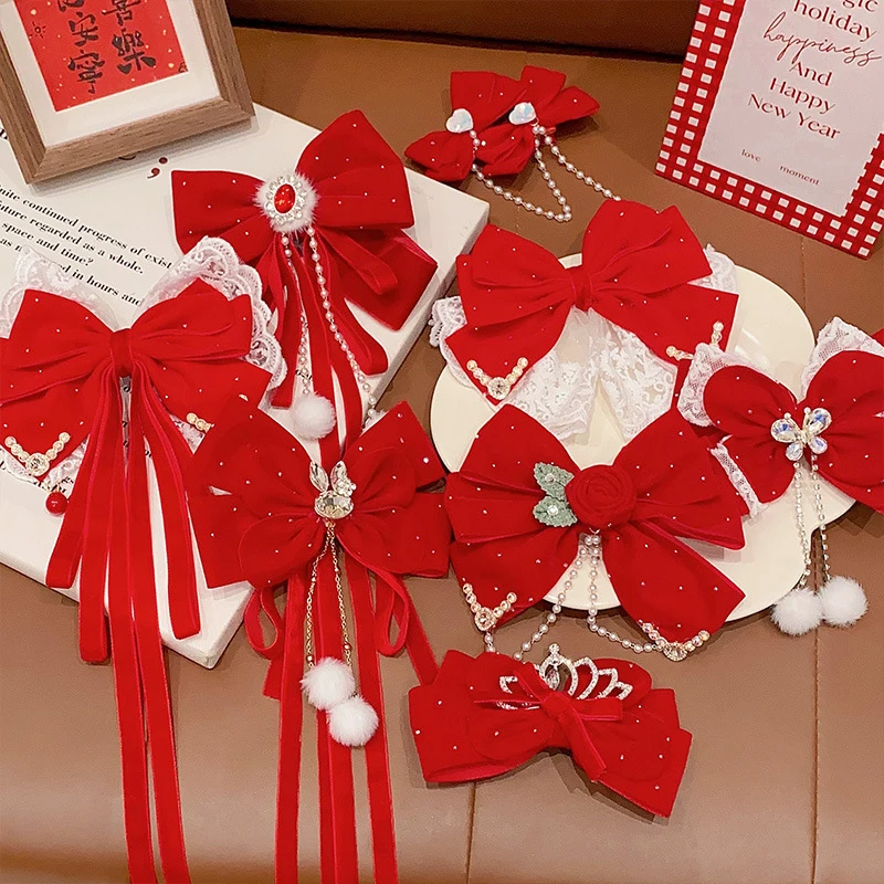 

1Pcs Red Golden Velvet Bow Hair Ornament Baby Hair Circles Pins Christmas New Year Korean Accessories Hair Clips For Women Girls