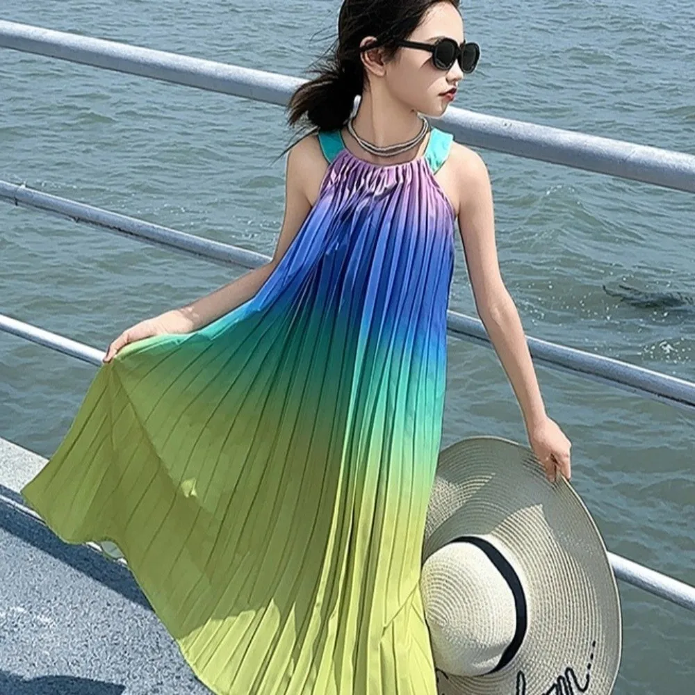 Sleeveless Children Beach Vacation Skirt Holiday Ruffled Kids Suspenders Pleated Dress Princess Gradient Color