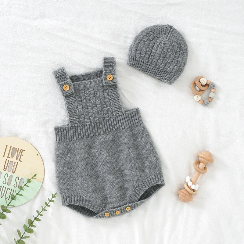

Newborn Baby Bodysuit Knit Infant Boy Jumpsuit Outfits Sleeveless Summer Toddler Children Clothing Hat 2PC Fashion Solid Onesies