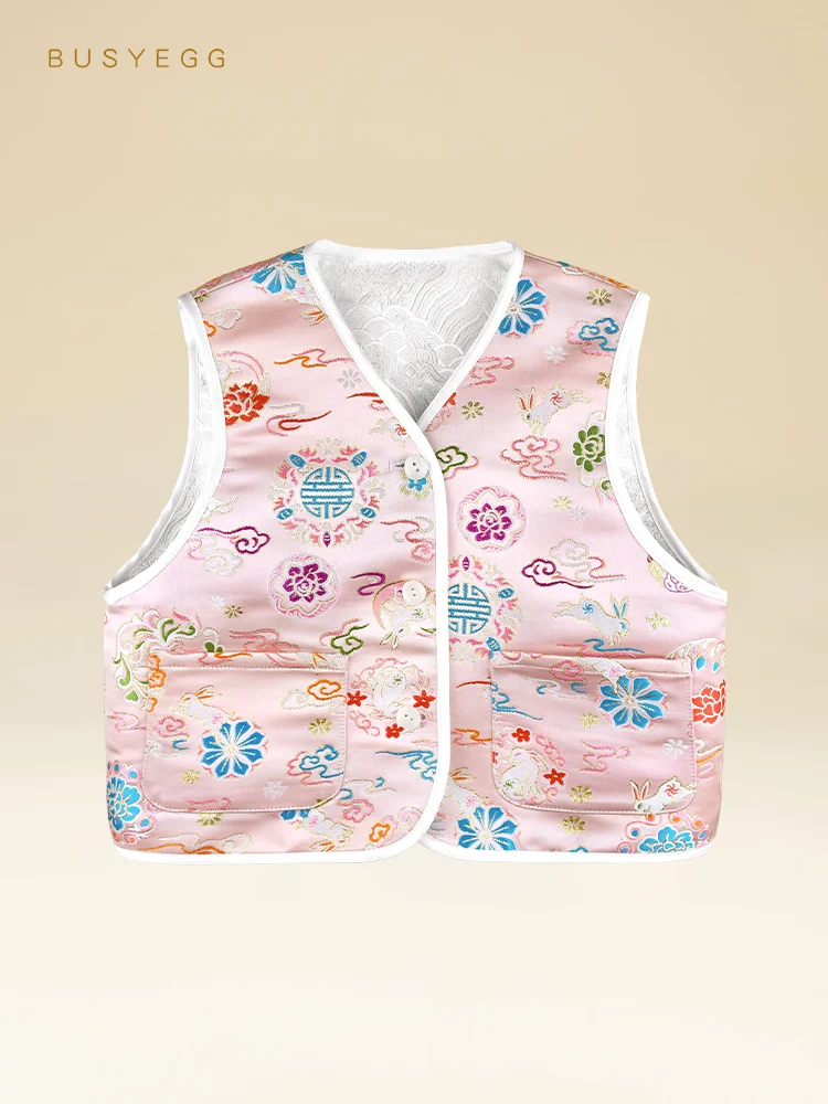 

New Cute Pink Rabbit Woven Children's Vest Girls' Spring Autumn Chinese Vest Two Sides Wearable Girls Tang Suit Kids Luxury Gift