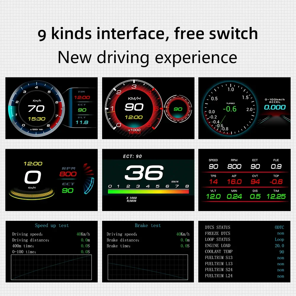 2024 NEW OBD Smart Gauge F9 Multifunctional Head Up Display with 9 Kinds Display Speedometer Tachometer Fuel Gauge Voltmeter