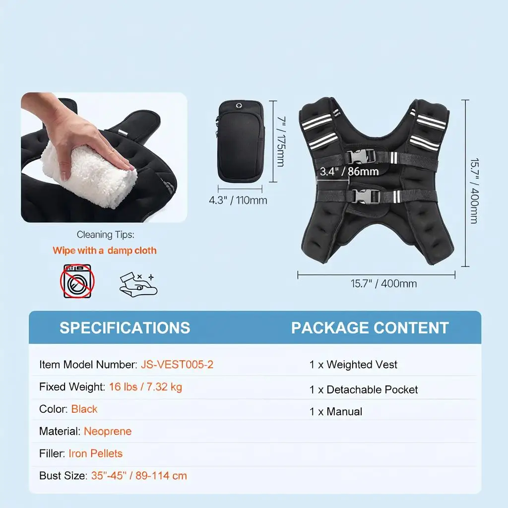 Gewichtsweste 7,32 kg, Gewichtsjacke mit verstellbarer Schnalle und reflektierender Streifen, für Krafttraining, Laufen, Joggen, Fitness und mehr. – Detail 5